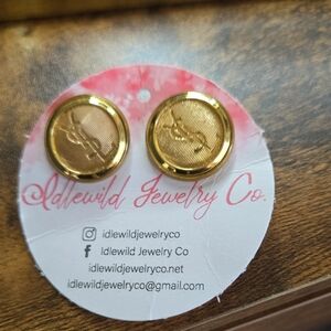 Yves Saint Laurent Gold Round Logo Button Stud Earrings